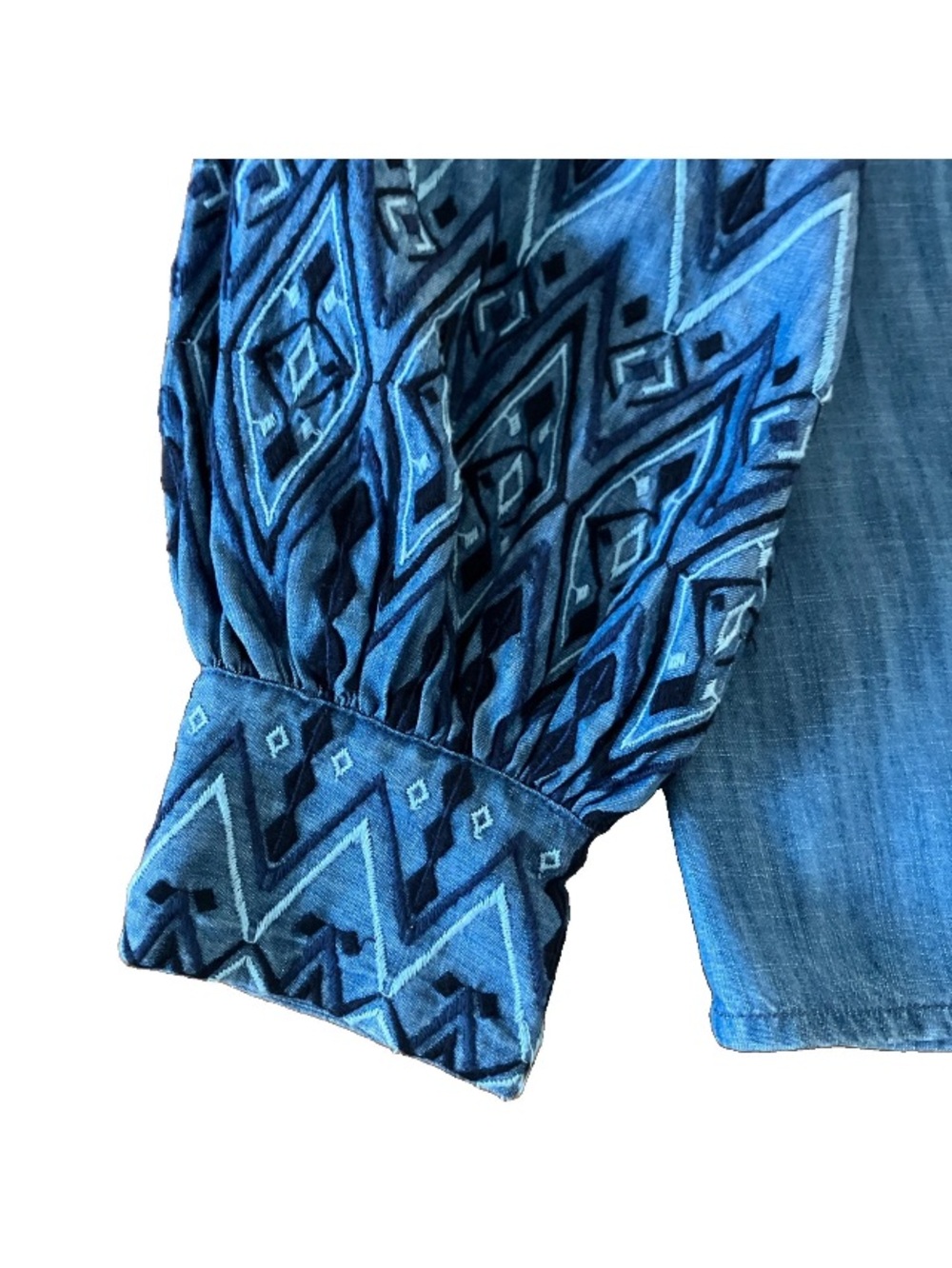Chico’s Tunic L/12/2 Blouse Chambray Embroidered Puff Sleeves V-Neck Artsy Boho. - Picture 5 of 12